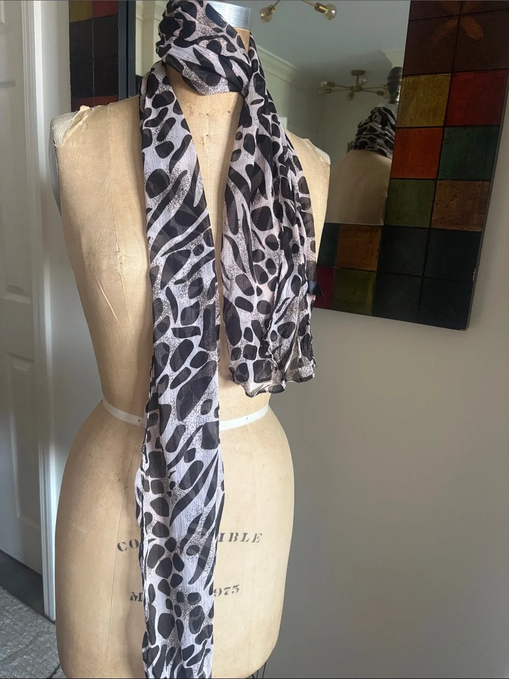 Lightweight Black and White Animal Print Scarf
